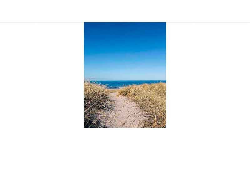 Ein Pfad führt durch sandige Dünen zu einem blauen Meer und klarem Himmel