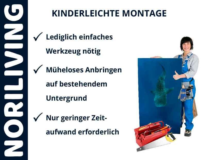 Frau zeigt ein einfach zu montierendes Produkt von NORILIVING mit Werkzeug und Checklisten.