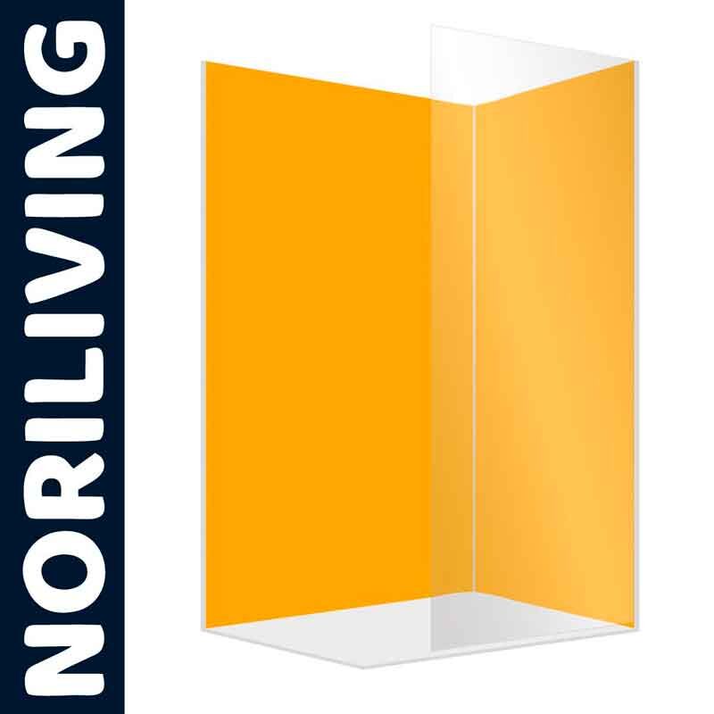 Illustration einer orangefarbenen Acrylglas-Duschwand von NoriLiving