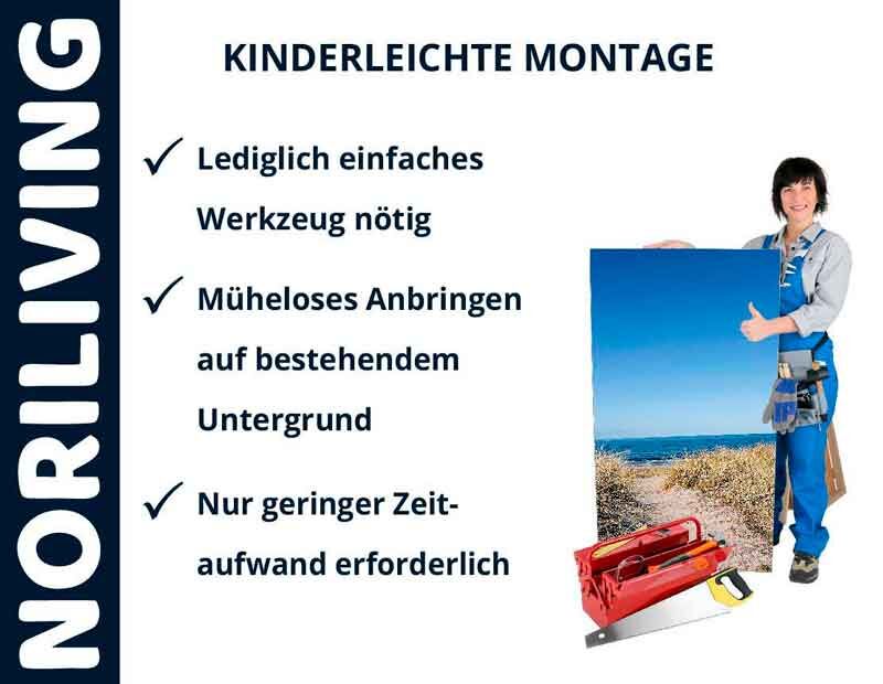 Person hält ein großes Bild, nebenan Montagehinweise: Einfache Werkzeuge nötig, müheloses Anbringen, geringer Zeitaufwand