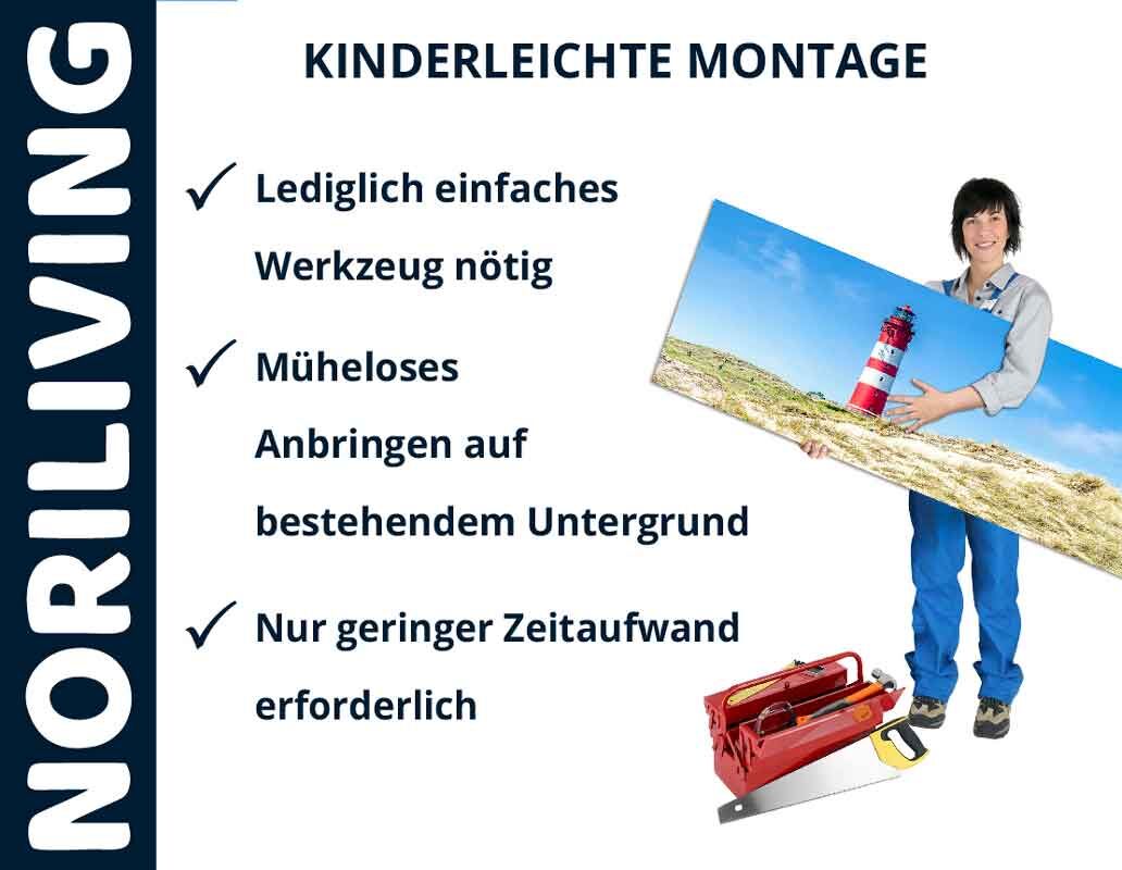Frau hält ein großes Wandbild, daneben Text über einfache Montage mit minimalem Werkzeugaufwand