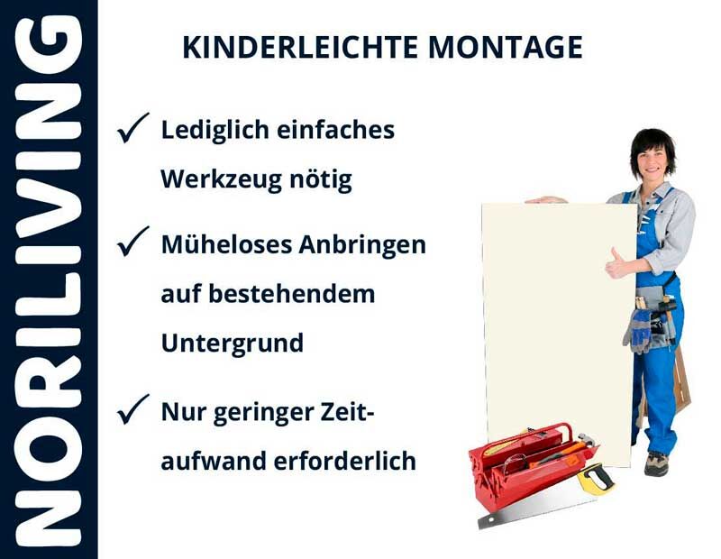 Person hält Plakat mit Montageanleitung von Noriliving: Einfaches Werkzeug; Müheloses Anbringen; Geringer Zeitaufwand