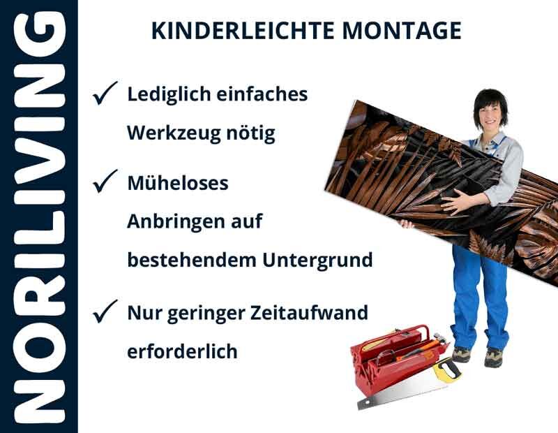 Person hält Holzplatte mit kinderleichter Montagebeschreibung, NORILIVING-Logo sichtbar