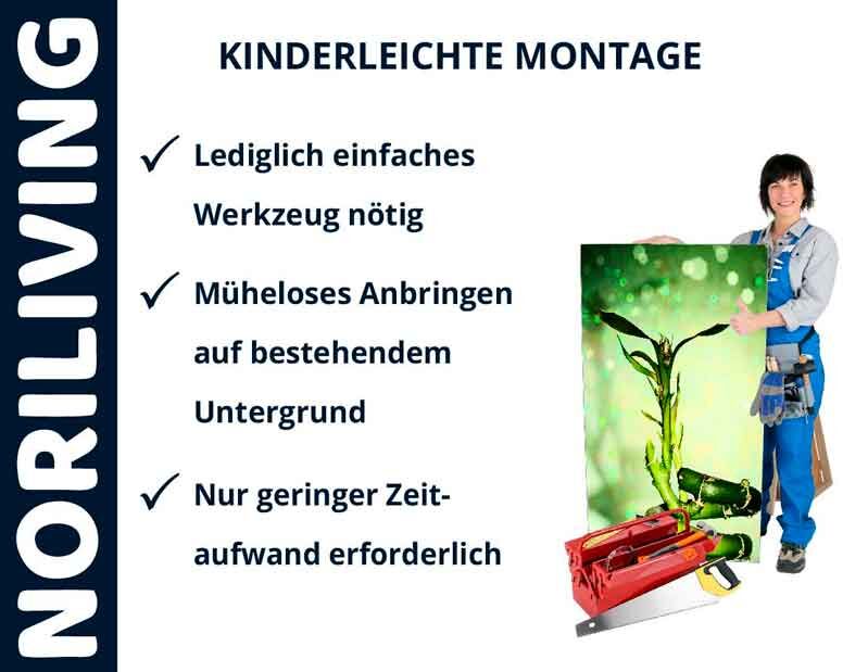 Werbebild für Noriliving mit einer Frau, die ein großes grünes Bild und Werkzeuge präsentiert. Text erklärt einfache Montage mit wenig Zeitaufwand.