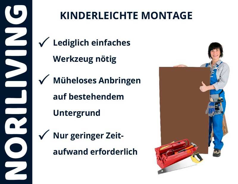 Noriliving Präsentation zur kinderleichten Montage, benötigt nur einfaches Werkzeug und geringer Zeitaufwand erforderlich, Handwerker mit brauner Tafel und Werkzeugkasten
