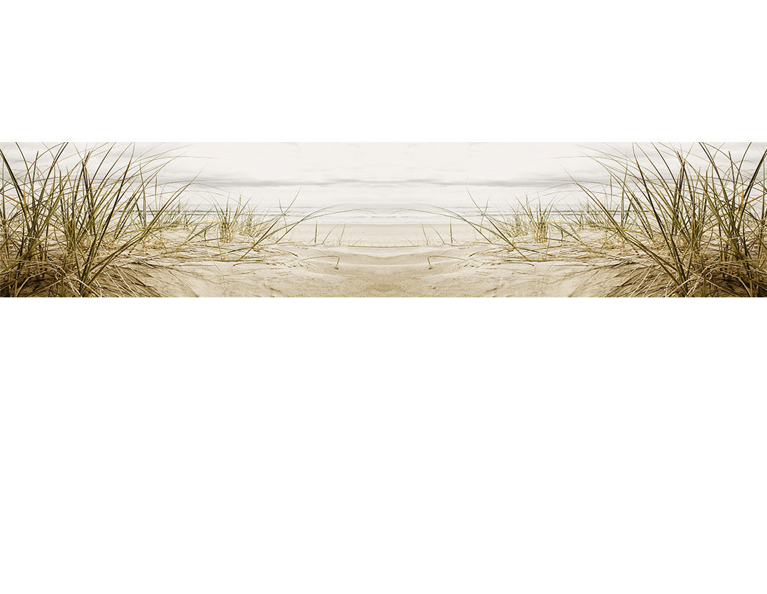 Idyllische Strandlandschaft, Dünengras am Sandstrand mit Meer und Himmel