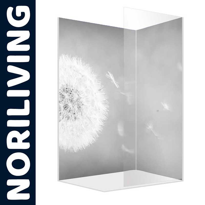 Transparente Duschtrennwand mit Pusteblumen-Motiv im modernen Design