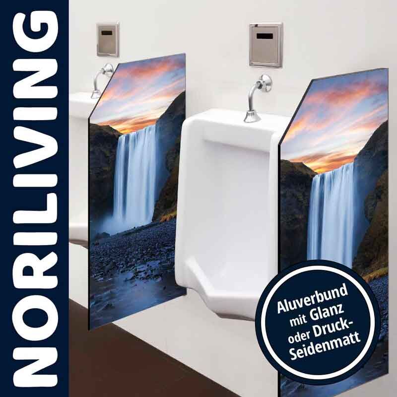 Urinal mit Wasserfall-Motiv als Sichtschutz, Noriliving Aluverbund mit Glanz oder Druck-Seidenmatt
