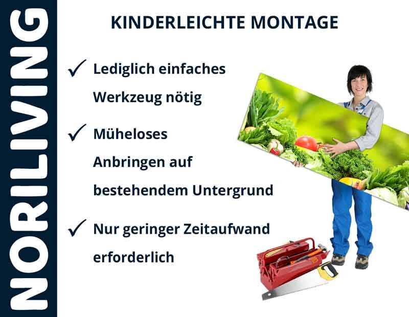 Frau mit Wandbild zeigt einfache Montage ohne kompliziertes Werkzeug. Leicht an bestehendem Untergrund anzubringen, benötigt wenig Zeit.