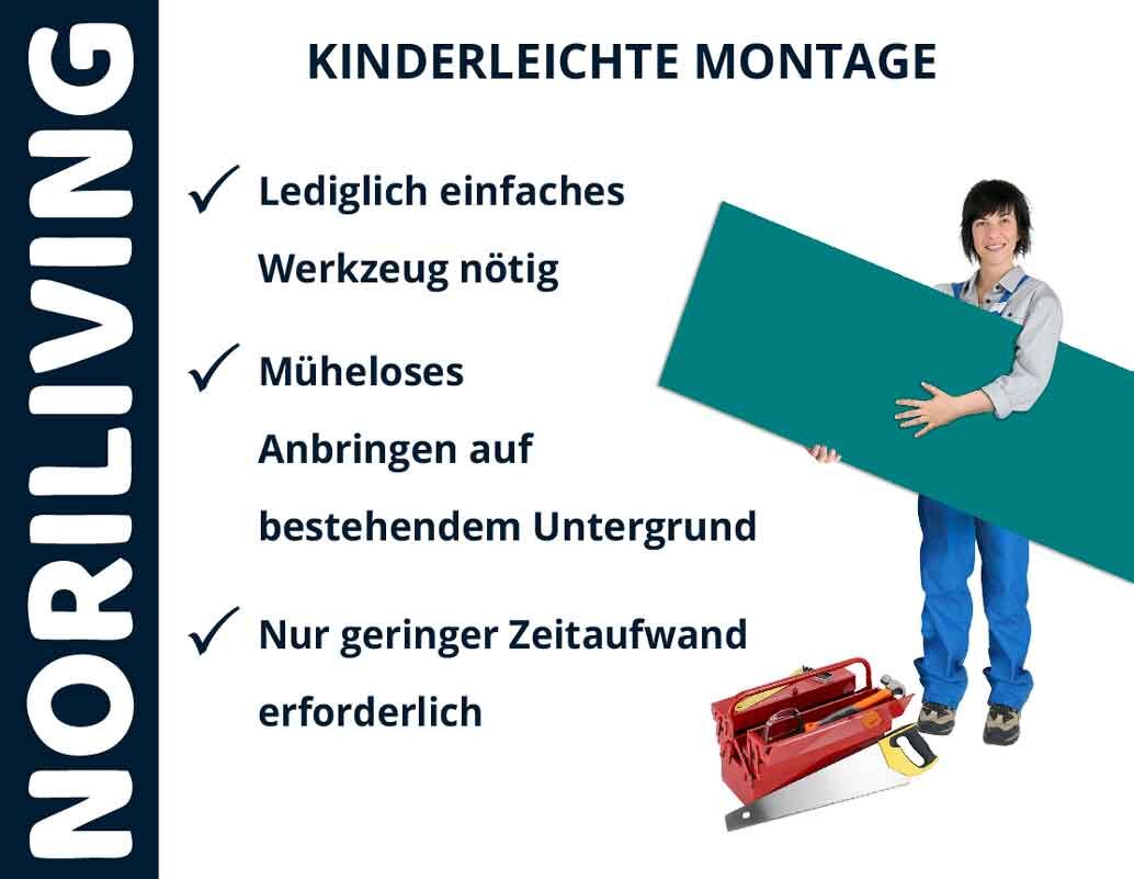 Person zeigt einfach zu montierende Platte mit Werkzeug, NORILIVING kinderleichte Montage