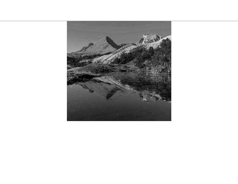 Ein majestätisches Bergpanorama in Schwarz-Weiß, das sich in einem ruhigen See spiegelt, umgeben von üppiger Natur.