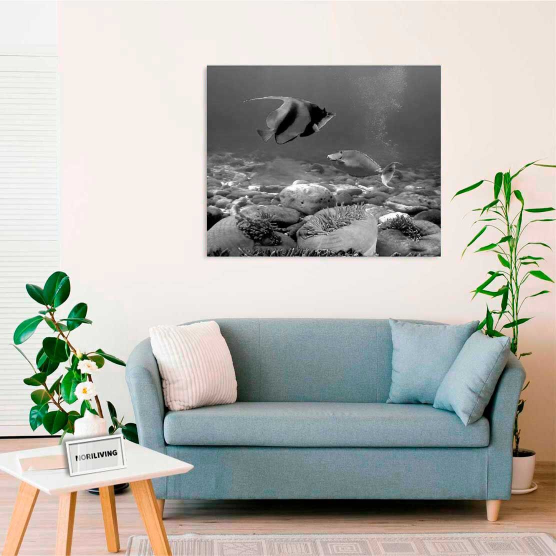 Wandbild über dem Sofa mit Motiv Fische im Meer 734 schwarz-weiß