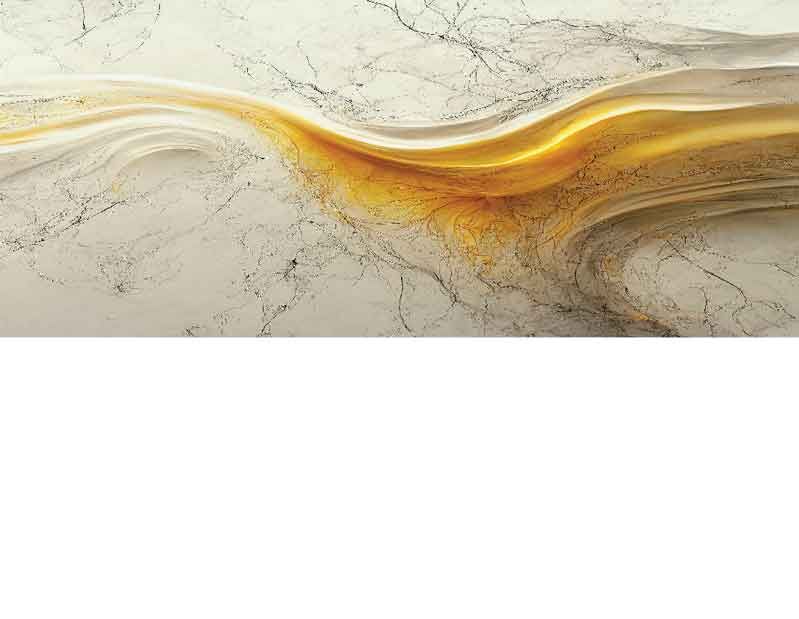 Nahaufnahme einer abstrakten Marmortextur mit fließenden goldenen und beigen Linien