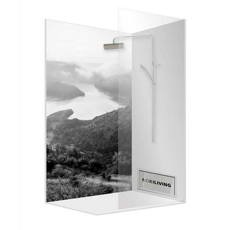 Moderne Duschrückwand mit Flusslandschaft und Regenduschkopf