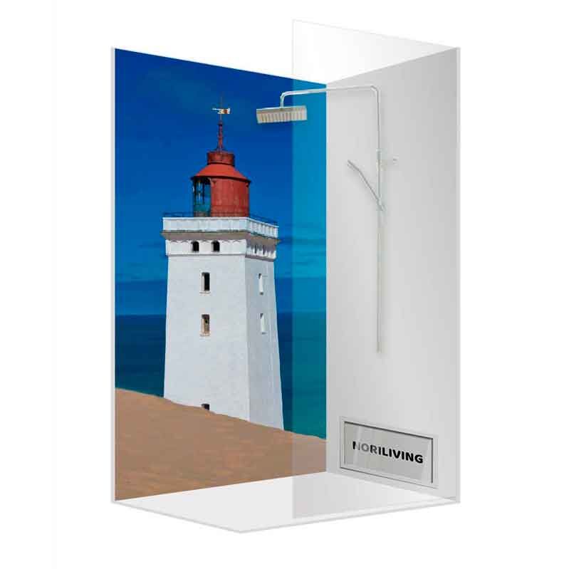 Ein Duschpaneel mit einem Bild eines weißen Leuchtturms vor blauem Himmel und Meer