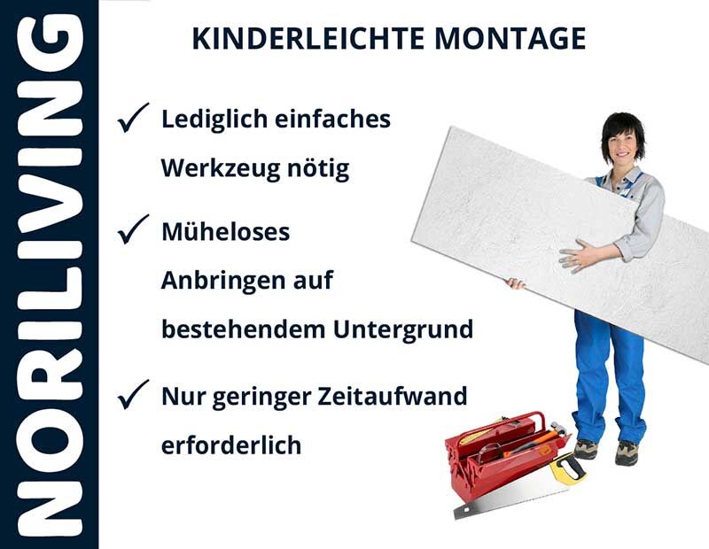 Frau hält Wandpaneel mit Hilfsmitteln; kinderleichte Montage durch NORILIVING.