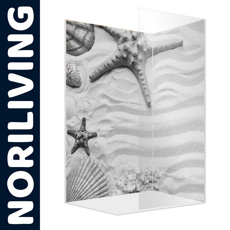 Duschabtrennung mit Seestern- und Muschelmotiv, Markenlogo Noriliving