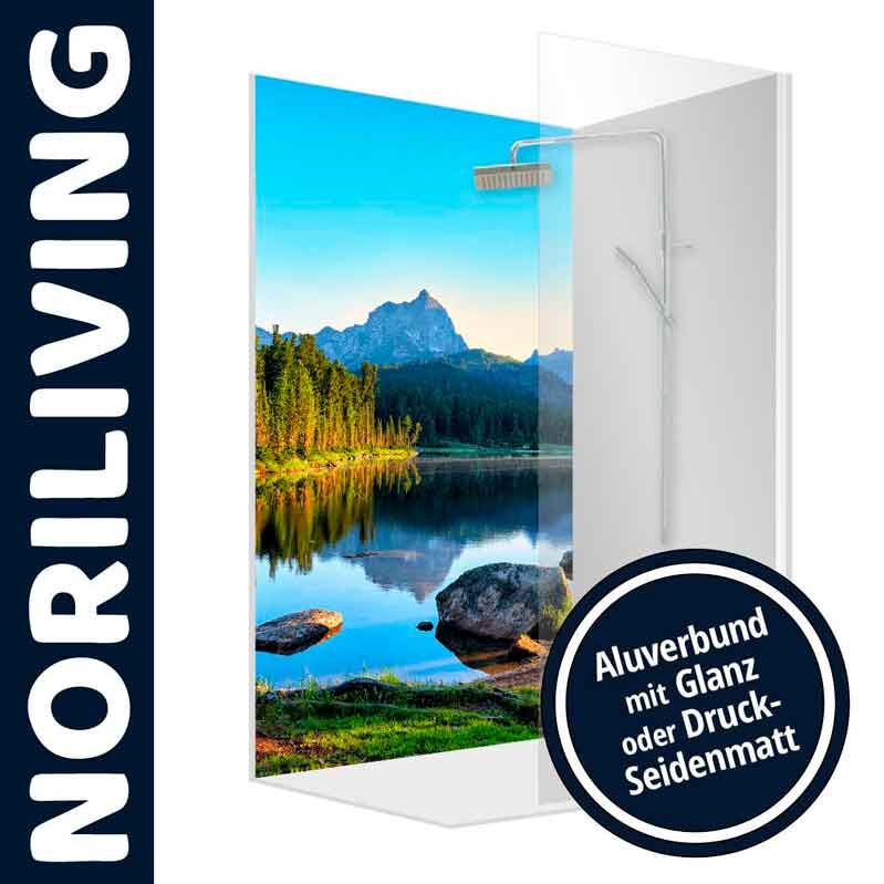 Duschabtrennung von Noriliving mit Landschaftsbild eines Bergsees, Aluverbund Material in Glanz oder Druck-Seidenmatt