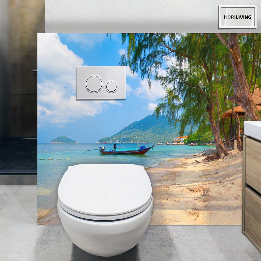 im WC eingebaute Toilettenrückwand mit Motiv schöner Strand und tropisches Meer mit Boot und Palmen 981
