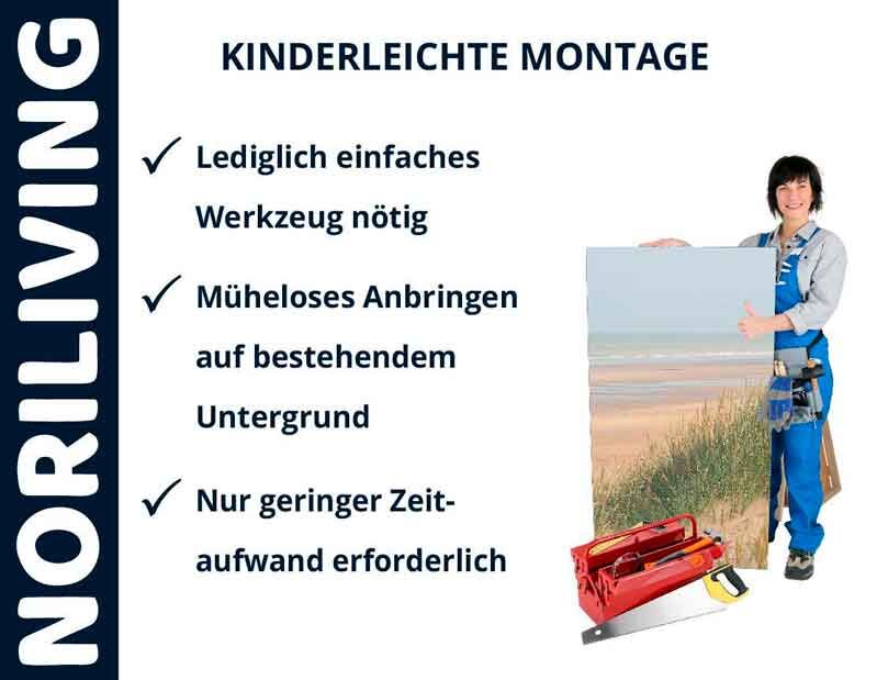 Produktpräsentation von Noriliving: Kinderleichte Montage, einfaches Werkzeug, müheloses Anbringen, geringer Zeitaufwand