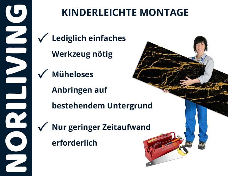 Eine Person hält eine große Platte von Noriliving. Text: Kinderleichte Montage, Lediglich einfaches Werkzeug nötig, Müheloses Anbringen auf bestehendem Untergrund, Nur geringer Zeitaufwand erforderlich.