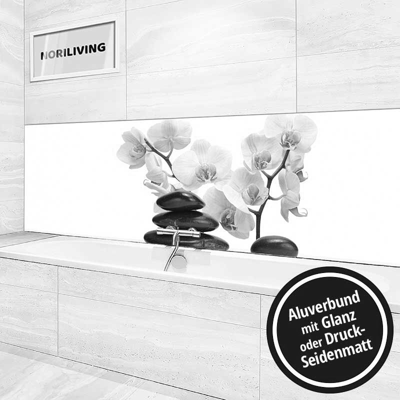 Ansicht des Badrückwand-Motivs Zen Steine mit Orchideen 771 schwarz-weiß Höhe zentriert