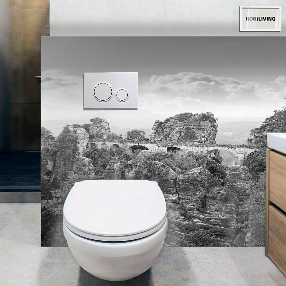 im WC eingebaute Toilettenrückwand mit Motiv Basteibrücke 517 schwarz-weiß