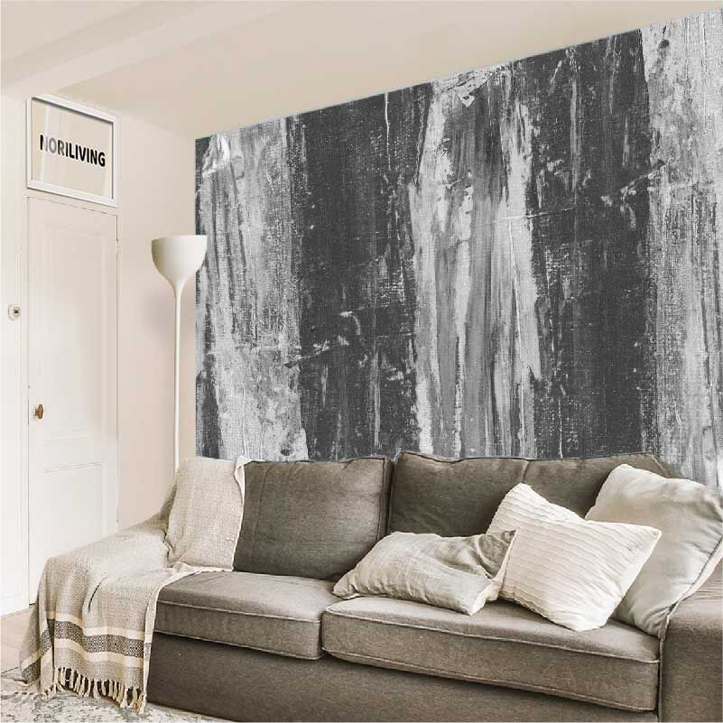 im Wohnzimmer eingebaute Wohnzimmerrückwand mit Motiv Ölfarben-Hintergrund mit blauen Pinselstrichen 422 schwarz-weiß