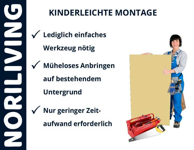 Werbung von NORILIVING zeigt kinderleichte Montage mit einfacher Werkzeugnutzung, mühelosem Anbringen und geringem Zeitaufwand