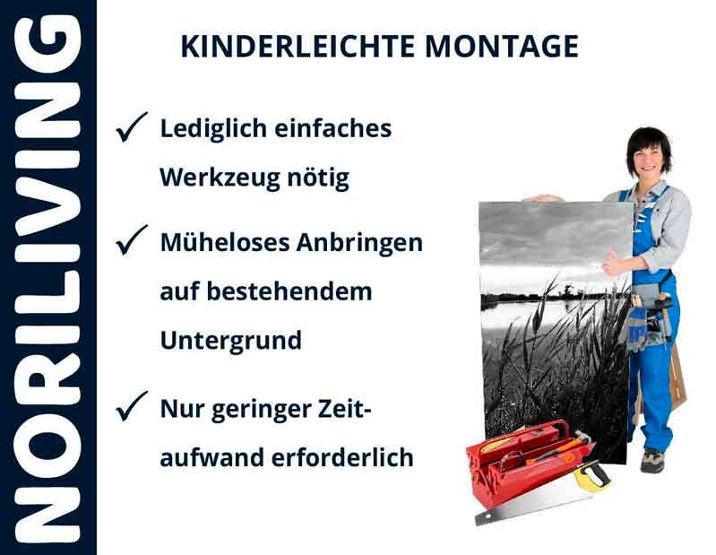 Handwerkerin präsentiert Noriliving Produkt mit kinderleichter Montage: lediglich einfaches Werkzeug nötig, müheloses Anbringen auf bestehendem Untergrund, geringer Zeitaufwand.