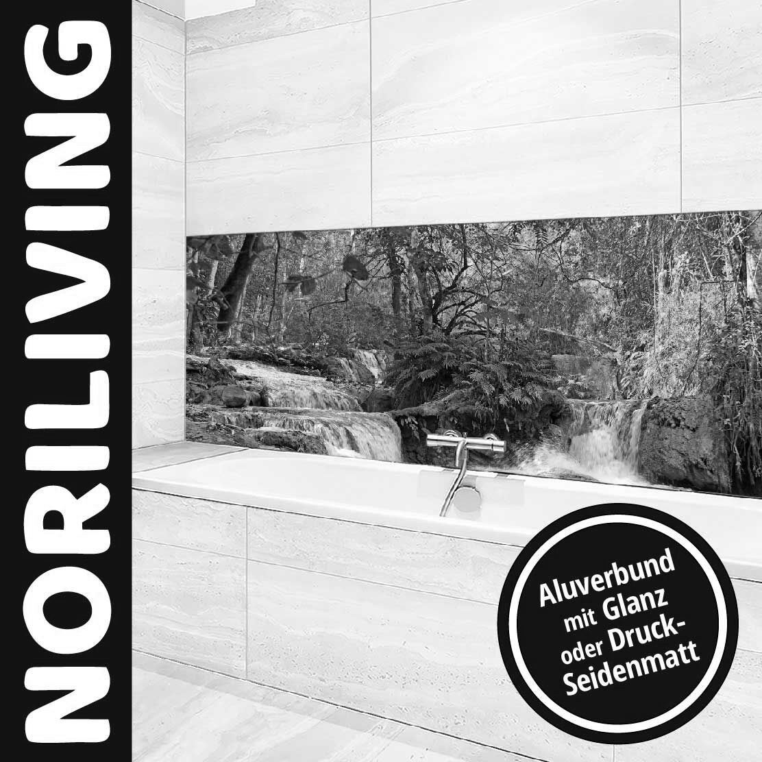 Elegantes Badezimmer mit Wandbild aus Aluverbund, Wasserfall-Motiv, glänzend oder seidenmatt erhältlich