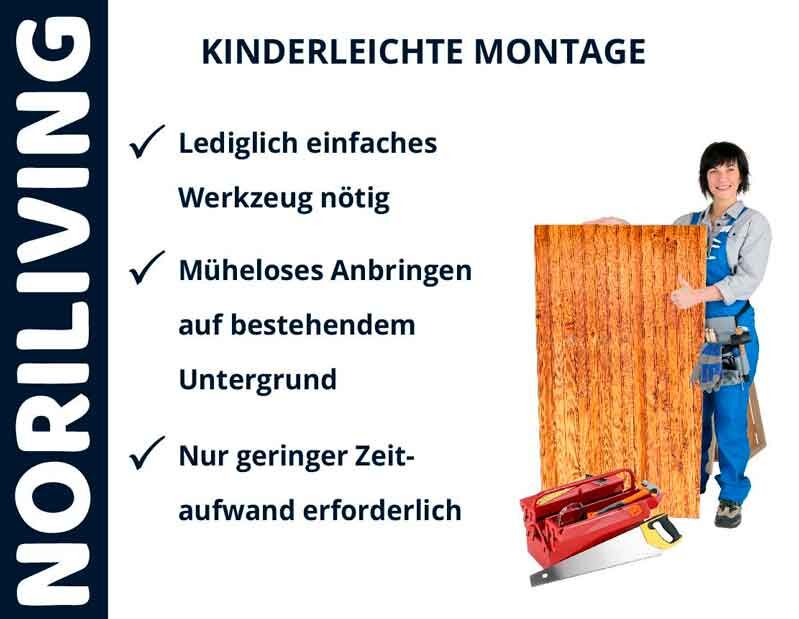 Montageanleitung von NORILIVING mit einfacher Werkzeugausstattung und Bodenelement, präsentiert von einer Person in Arbeitskleidung.