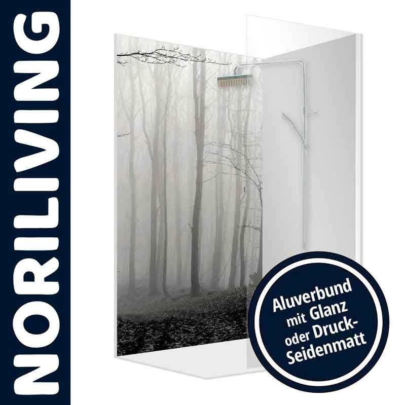 Duschtrennwand von Noriliving mit einem Waldmotiv, erhältlich in Aluverbund mit Glanz oder Druck-Seidenmatt