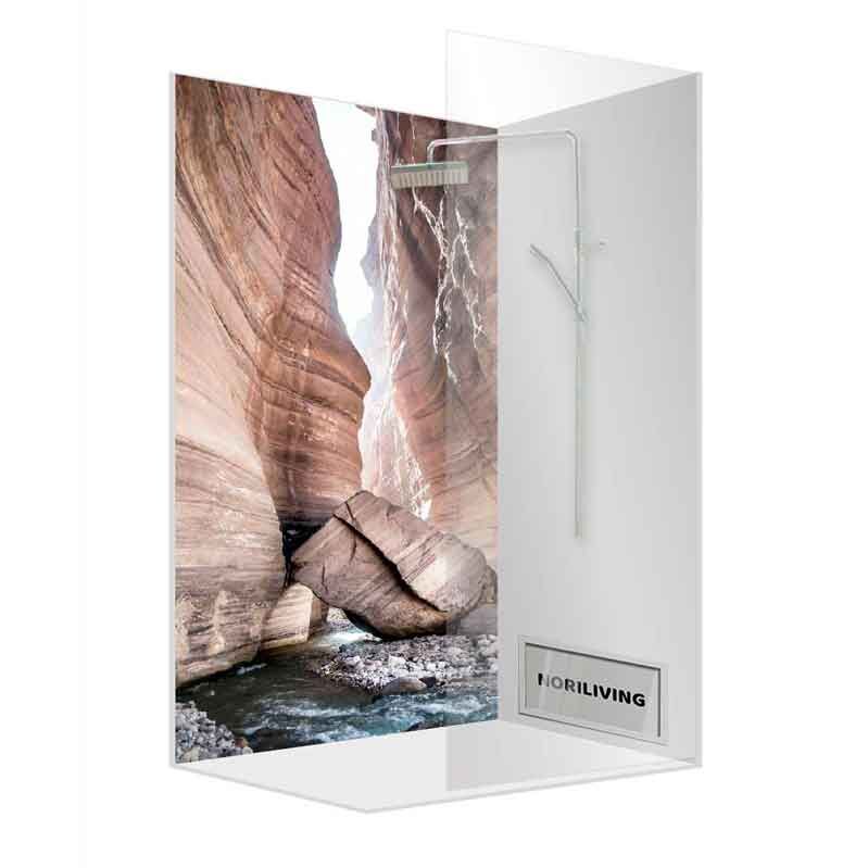 Duschrückwand mit beeindruckendem Canyon-Motiv, das eine natürliche und moderne Badezimmerästhetik schafft