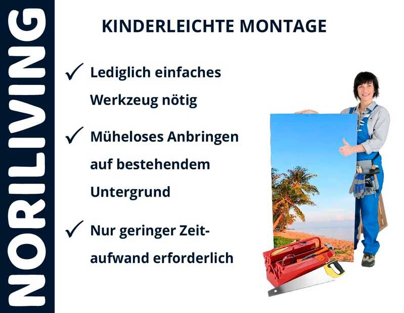 Montageanleitung von Noriliving mit Frau, die ein Bild hält und Werkzeuge zeigt
