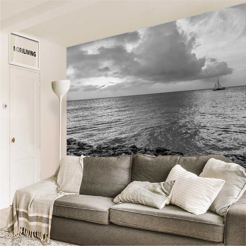 im Wohnzimmer eingebaute Wohnzimmerrückwand mit Motiv Tropische Meerlandschaft mit Boot 326 schwarz-weiß