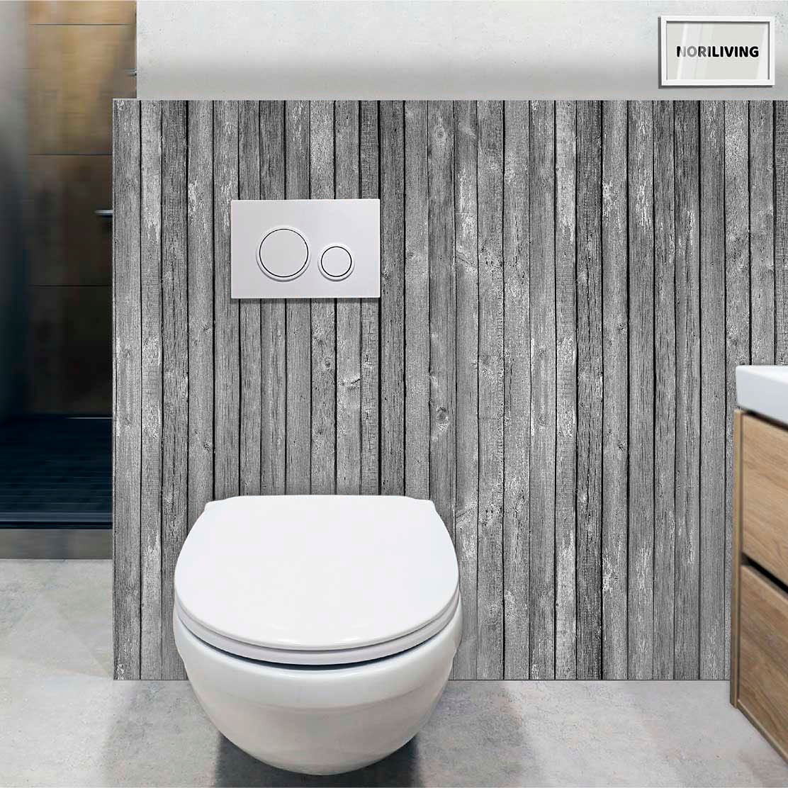 im WC eingebaute Toilettenrückwand mit Motiv Holz Textur Hintergrund 171 schwarz-weiß