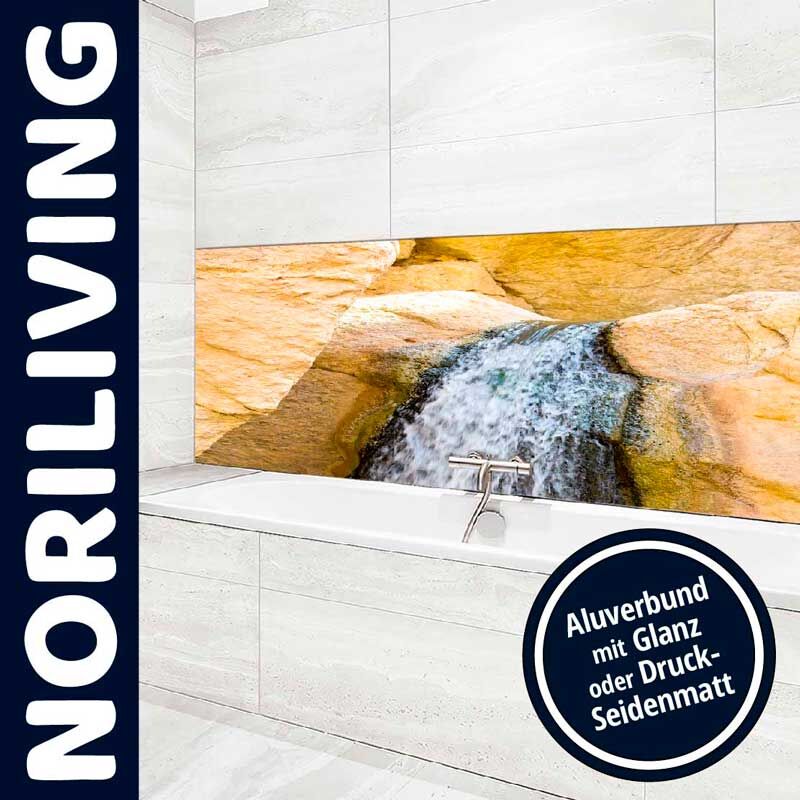 Badewanne mit dekorativer Rückwand aus Aluverbund mit Flussmotiv in Glanz oder Druck-Seidenmatt von NORILIVING