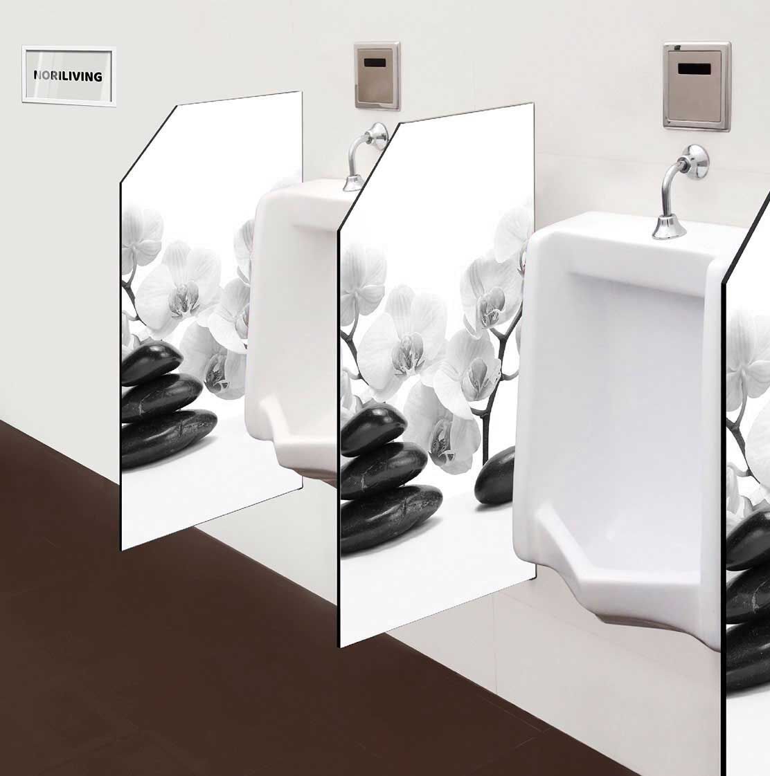 in der Toilette eingebaute Schamwand mit Motiv Zen Steine mit Orchideen 771 schwarz-weiß