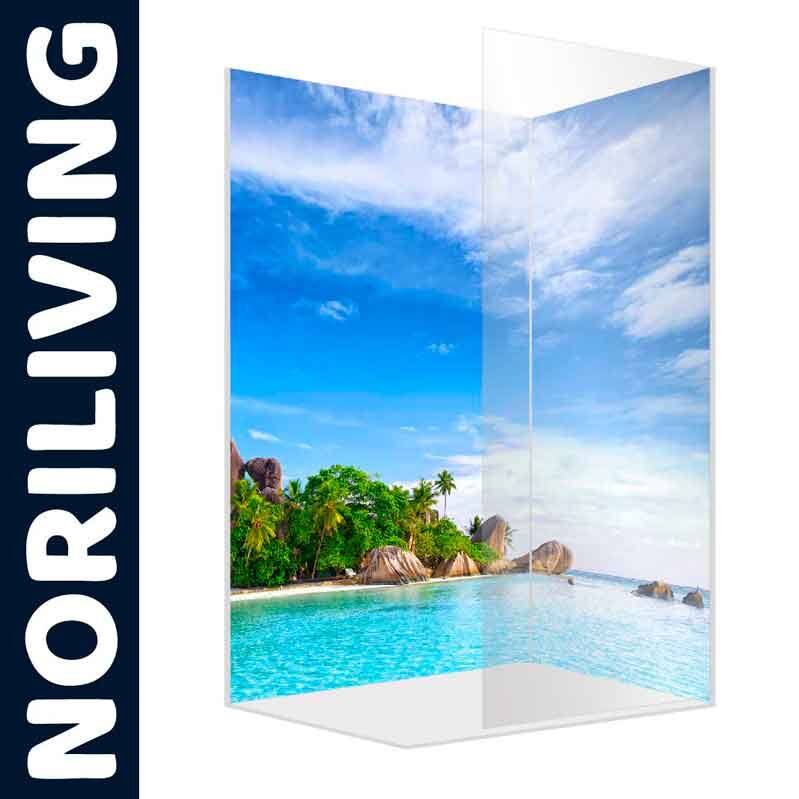 Transparente Duschwand mit einem tropischen Strandmotiv von Noriliving, das einen idyllischen Ozean und blauen Himmel zeigt