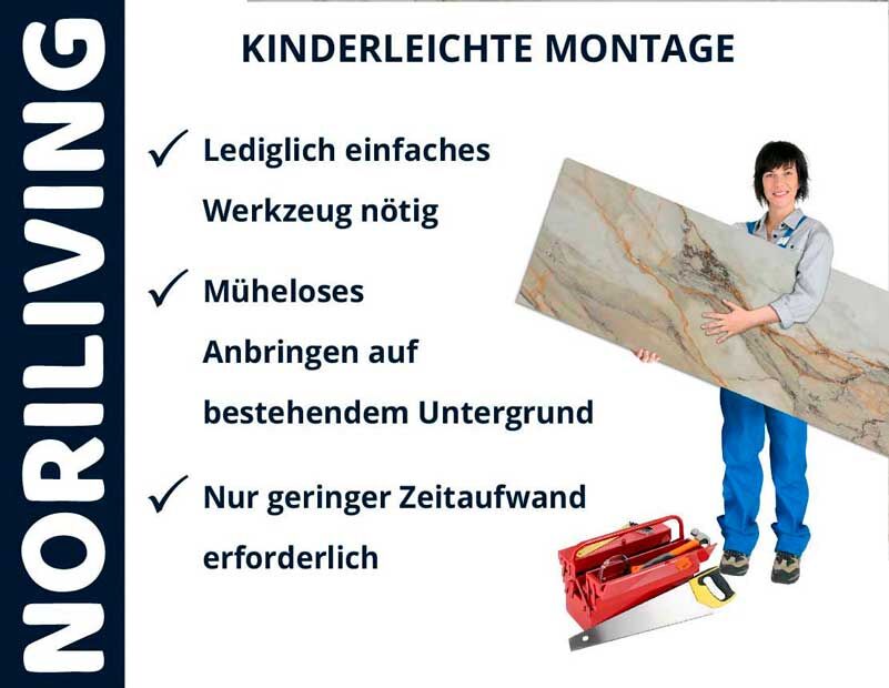 Werbung für einen Noriliving-Dekorplatte mit einfacher Installation: nur einfaches Werkzeug erforderlich, mühelose Anbringung, geringer Zeitaufwand