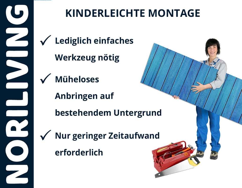 Eine Person hält eine NORILIVING Paneele; daneben Werkzeuge. Text: Kinderleichte Montage – Lediglich einfaches Werkzeug nötig, Müheloses Anbringen, Geringer Zeitaufwand erforderlich.