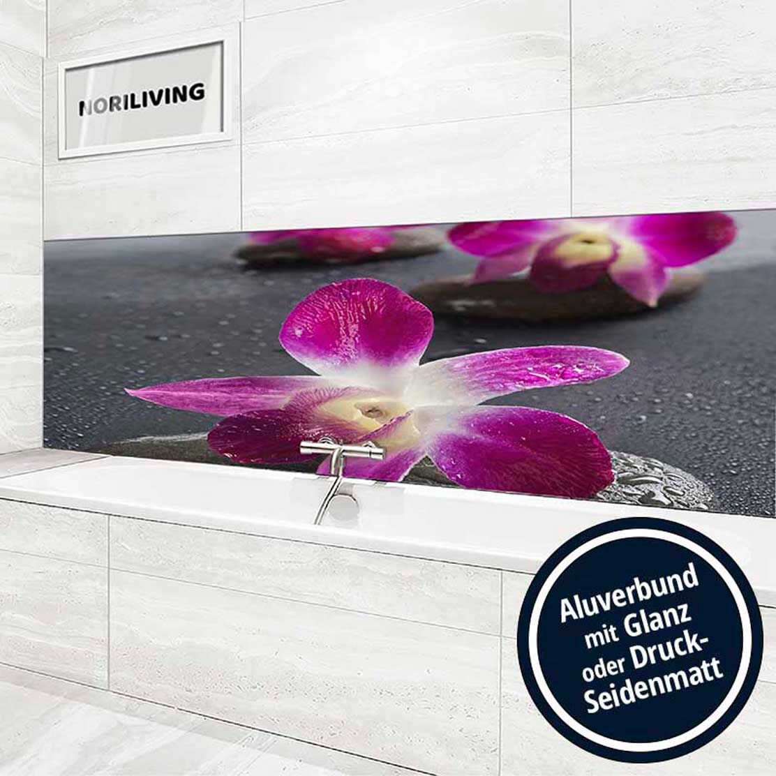 Ansicht des Badrückwand-Motivs Zen Steine mit Orchideen 642 Höhe zentriert