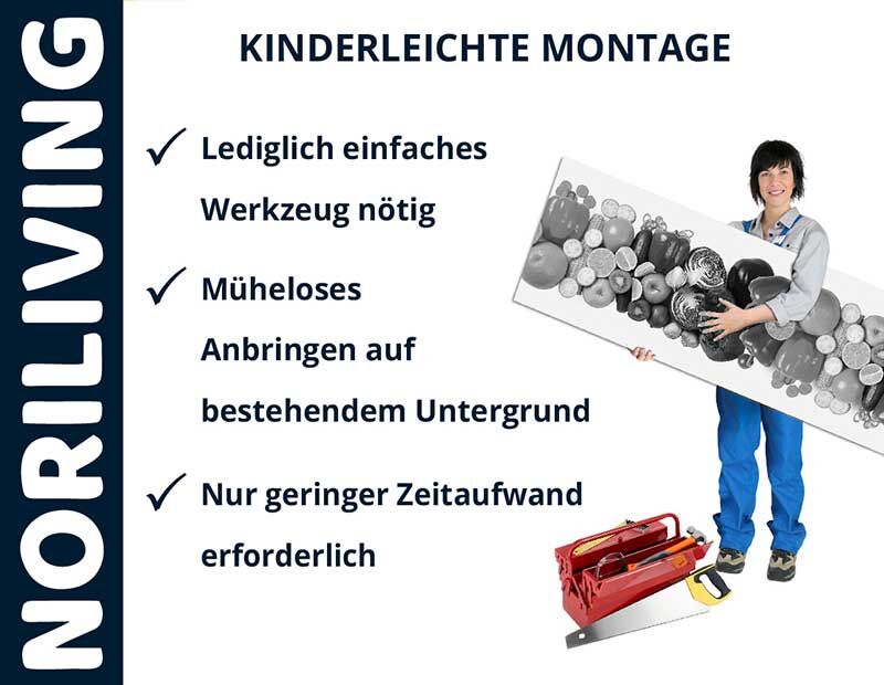 Plakat von NORILIVING mit einer Frau, die eine Leinwand trägt. Texte: Kinderleichte Montage, lediglich einfaches Werkzeug nötig, müheloses Anbringen auf vorhandenem Untergrund, nur geringer Zeitaufwand erforderlich.
