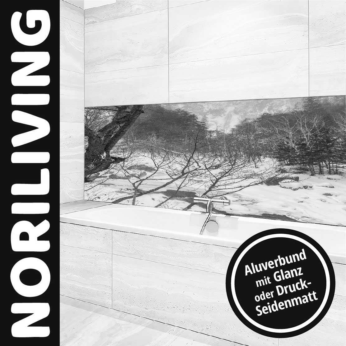 Moderne Badezimmergestaltung mit Aluverbund im glanzvollen oder druck-seidenmatten Finish von Noriliving. Elegantes Design mit Naturmotiv.