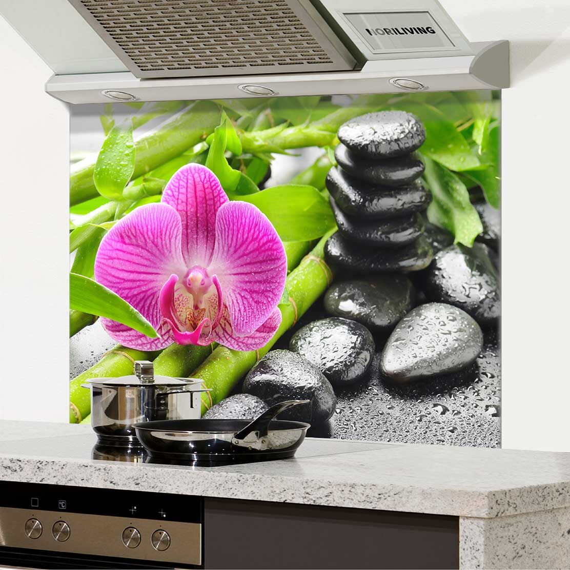 in der Küche eingebauter Spritzschutz Küche - Herd mit Motiv Zen Steine mit Orchidee und Bambus 896