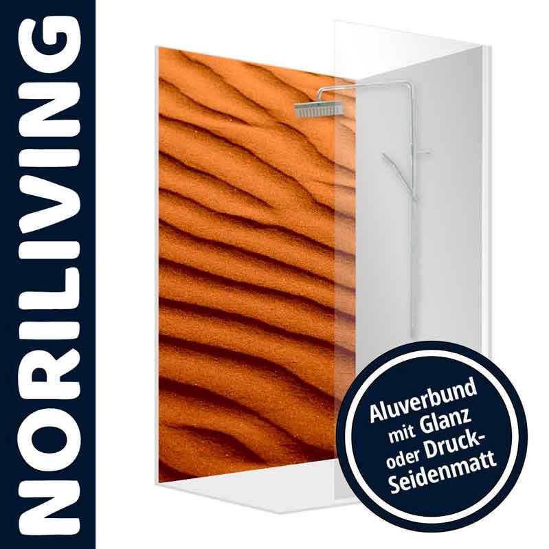 Duschtrennwand von NoriLiving in einer stilvollen Holzoptik mit Aluverbund, erhältlich mit Glanz- oder Druck-Seidenmatt-Oberfläche