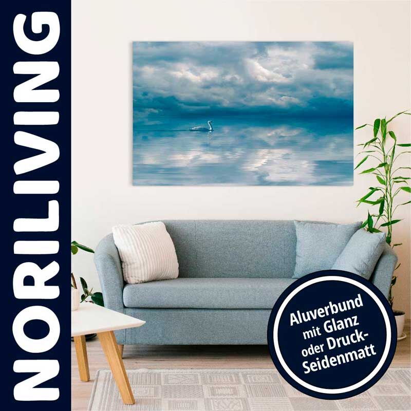 Ein modernes Wohnzimmer mit einem blauen Sofa, dekoriert mit einem Wandbild eines Seevogels auf einem ruhigen Wasser und bewölktem Himmel.