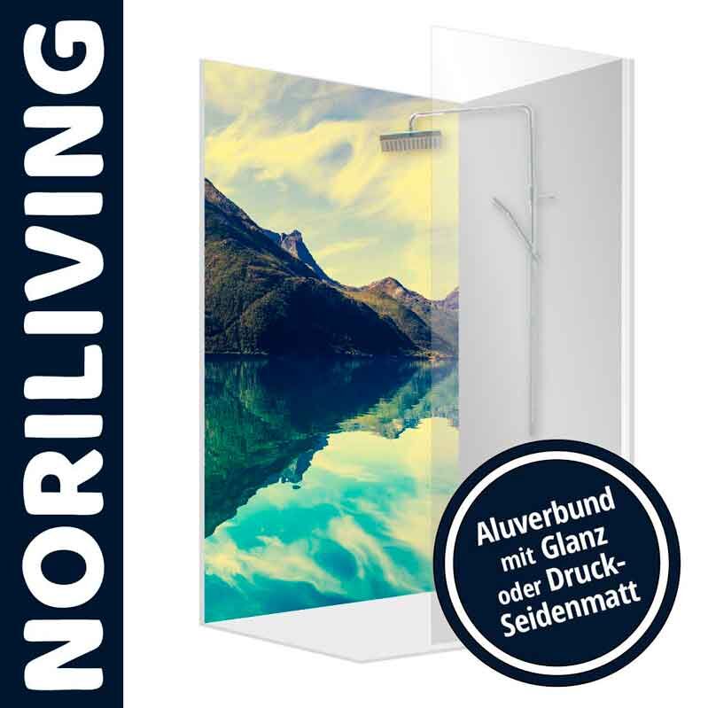 Duschwand der Marke NORILIVING mit beeindruckendem Bergsee-Motiv, Aluverbund, Glanz-Effekt oder Druck-Seidenmatt-Option
