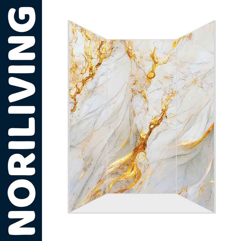 Raumteiler mit Marmor-Optik und goldenen Akzenten vor weißem Hintergrund